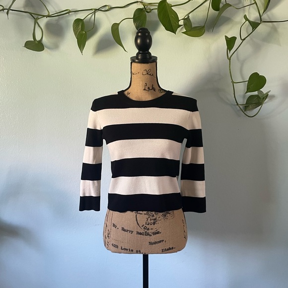 THEORY Womens Harmona Prosecco Crop Sweater Black Ivory Bold Striped Size TP - Picture 2 of 12